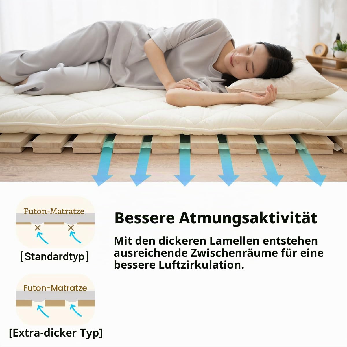 EMOOR Extra Dickes Rolllatten Futonbett Langlebiges Rollbett (100 x 200 cm) für Japanische Boden-Futon-Matratze, Holz Paulownia Boden Unlackiert Natürlich Schlafbettwäsche Gäste Tatami-Matte
