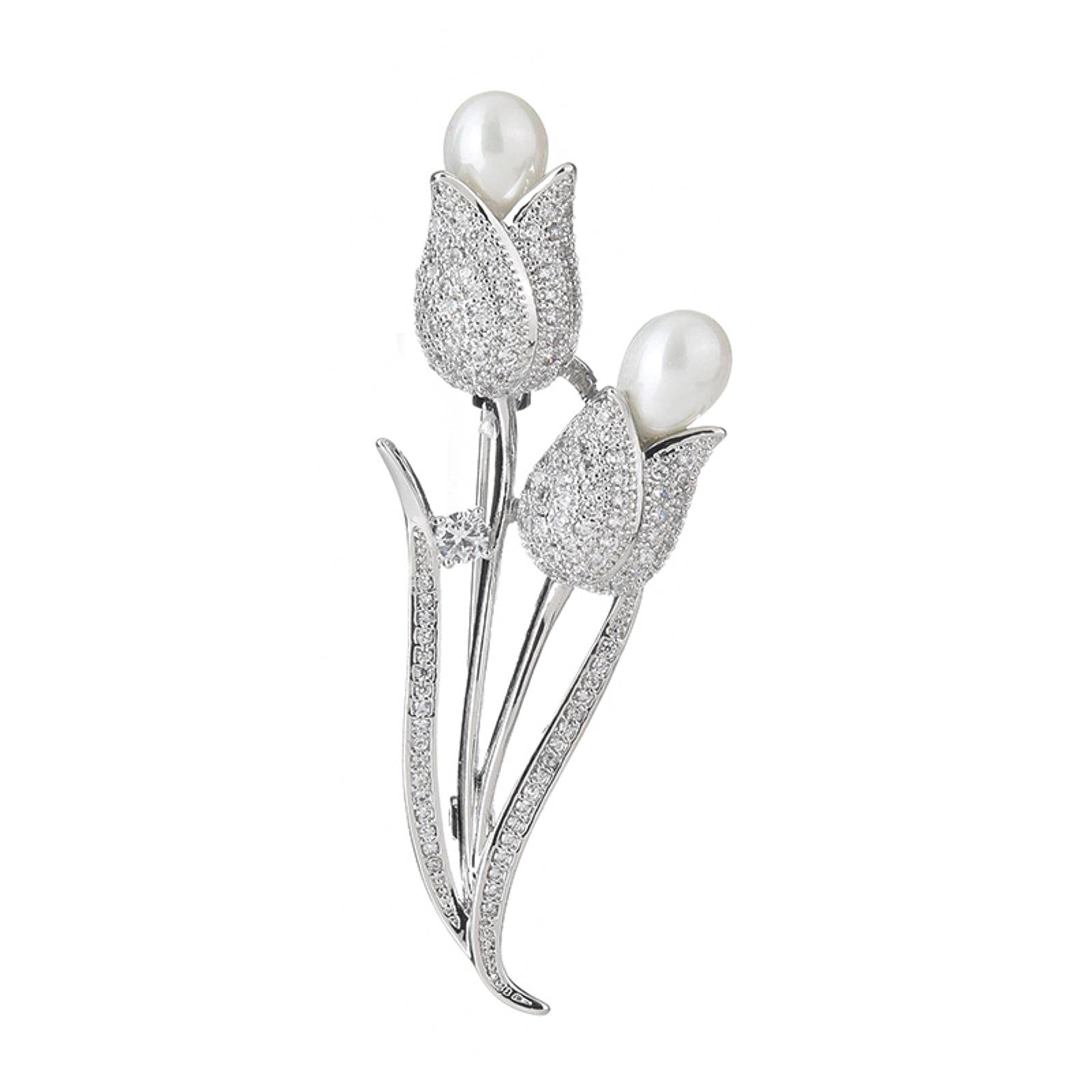 Broche Plateado con Forma de tulipán, Cristal, circonita cúbica y Perla. Ideal para Bodas, Fiestas y Banquetes. Accesorios de joyería para Hombres y Mujeres.