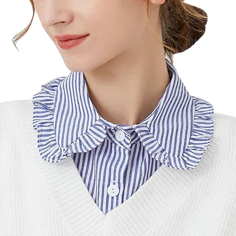 Loudsung Women's Blue Stripes Detachable Blouse With False Collar - Blue Striped Top For & Girls, 16