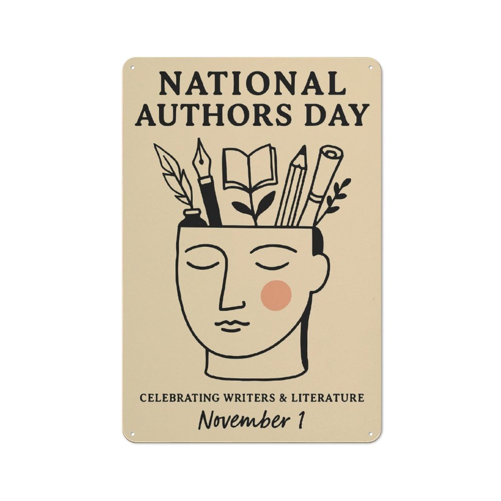 Junmoney Style-22 Country Metal Sign With 'National Authors Day Illustration Design 30X20cm, Barn Style Farmhouse Wall Decor For Farmhouse Kitchen, Pantry Or Dining Area
