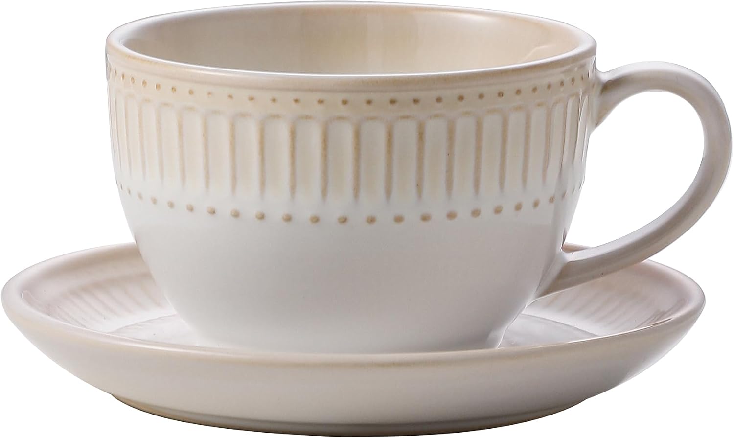 10Oz ceramic coffee cup and saucer sets, elegant striped pattern, unique kiln transformed glaze process, large capacity cup, suitable for tea, coffee, latte, cappuccino (milk tea color)