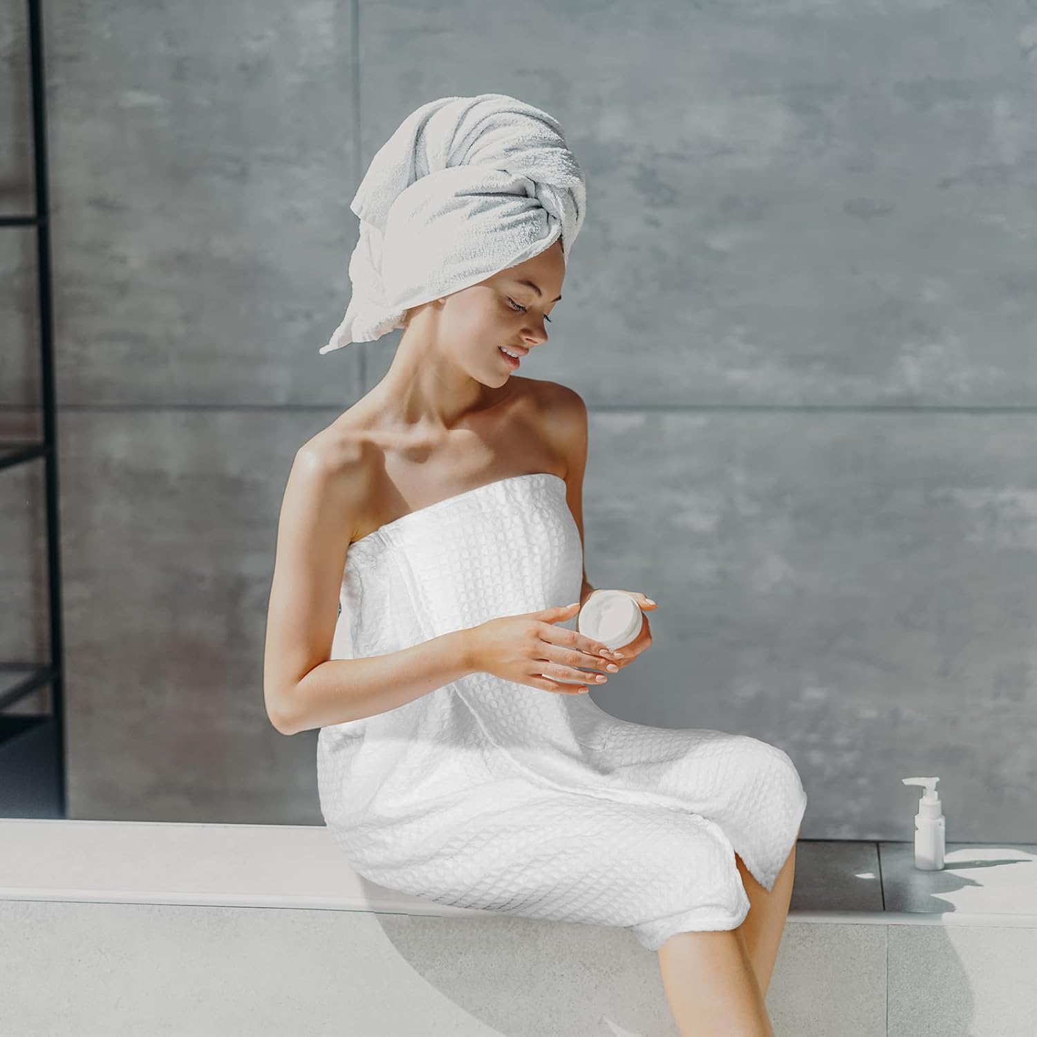 Tigeen 4 Pcs Towel Wrap for Women Waffle Spa Robe with Adjustable Closure Elastic Top Lightweight Wraps for Shower Bath