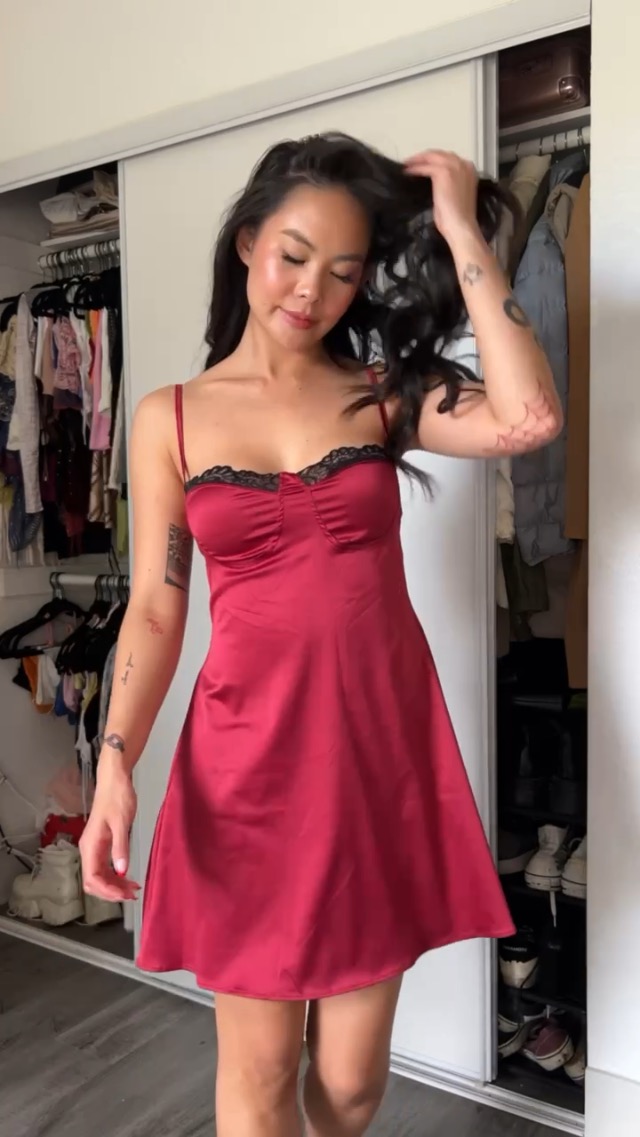 Watch Try on Rooscier Womens Spaghetti Strap Lace Satin Mini Dress on  Amazon Live