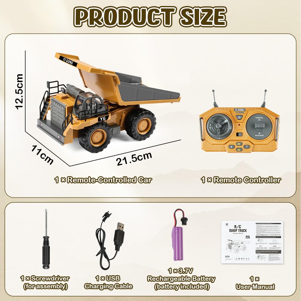 Aolso Camion-Benne Télécommandé, Véhicule de Construction RC pour Enfants, Jouet Tracteur RC 2,4 GHz avec Lumière et Son, 9 Canaux Camion Benne Jouet, pour 3+Ans, Cadeau de Noël et d'anniversaire