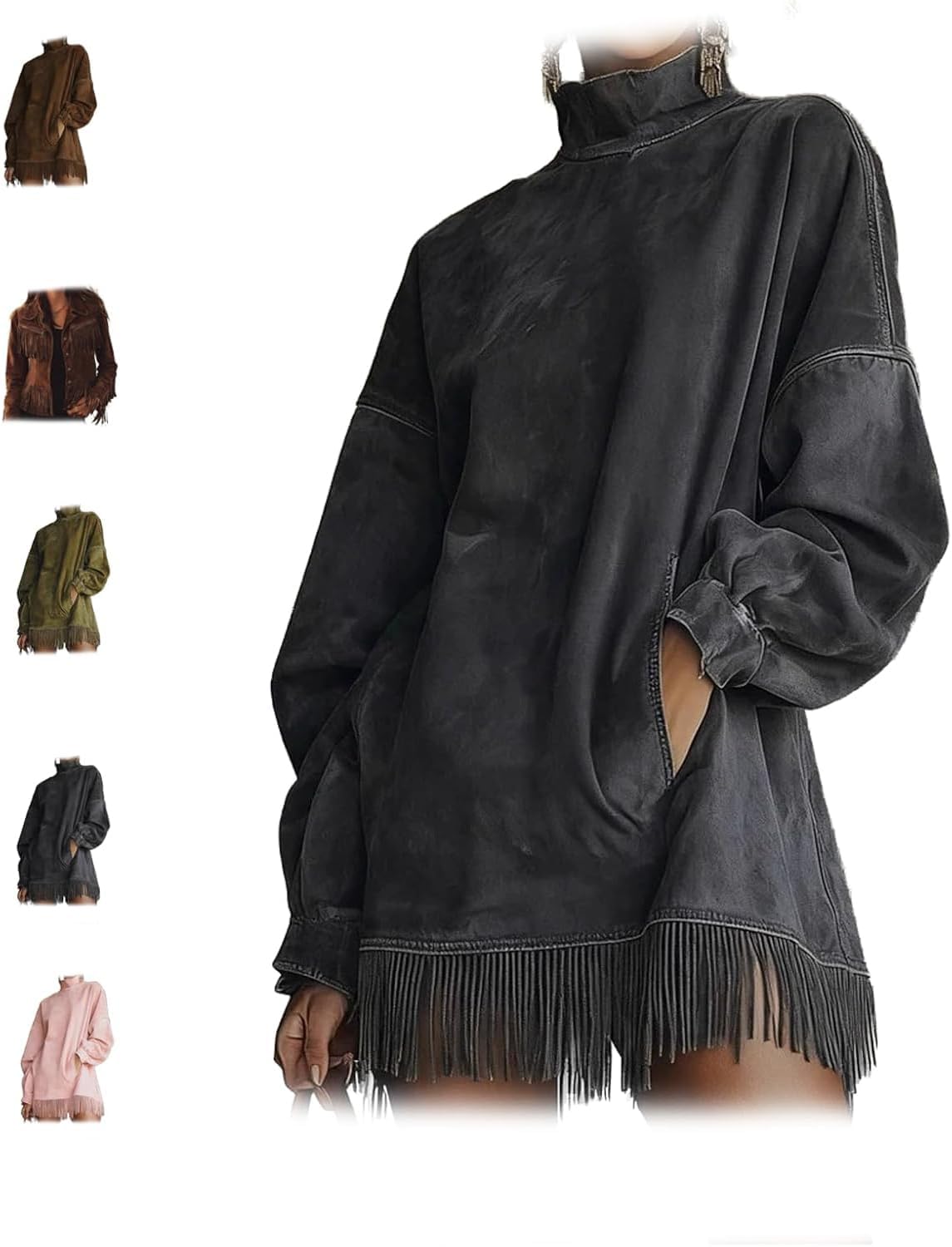 Women Vintage Loose Suede Mini Dress,Tassel Mock Neck Long Sleeve Dresses Retro Cowgirl Outfit,Long Sleeve Patchwork Coat