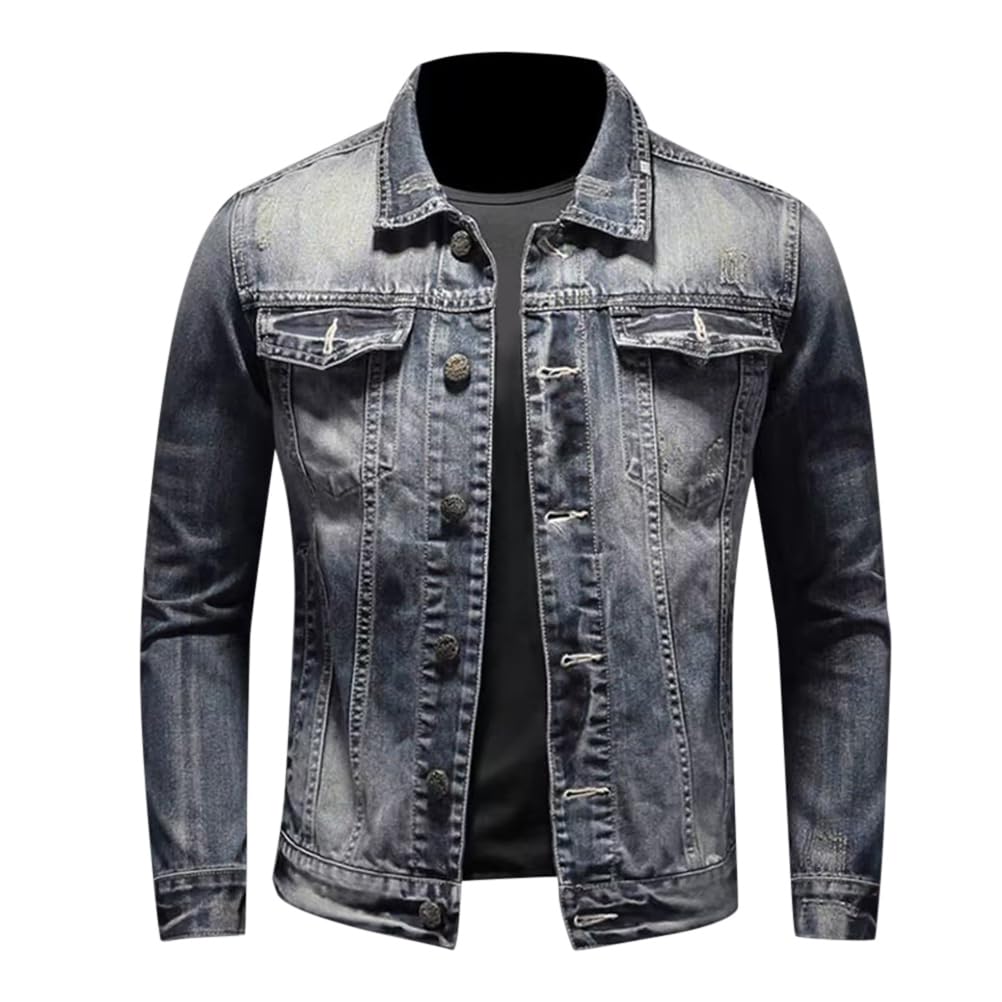 Minetom Giacca di Jeans Uomo Vintage Giubbotto Casual Denim Giubbino Slim Fit Jacket con Botonni E Tasche Primavera E Autunno