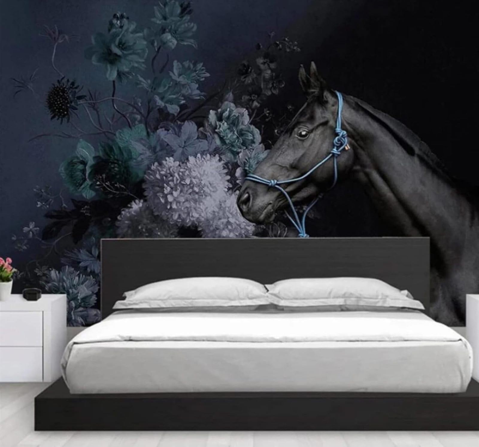 XLMING Hand Drawn Vintage Hydrangea Black Horse 3D Wallpaper Luxury Home Dining Decor Paste Sofa Living Room The Wall for Bedroom Mural-300cm×210cm