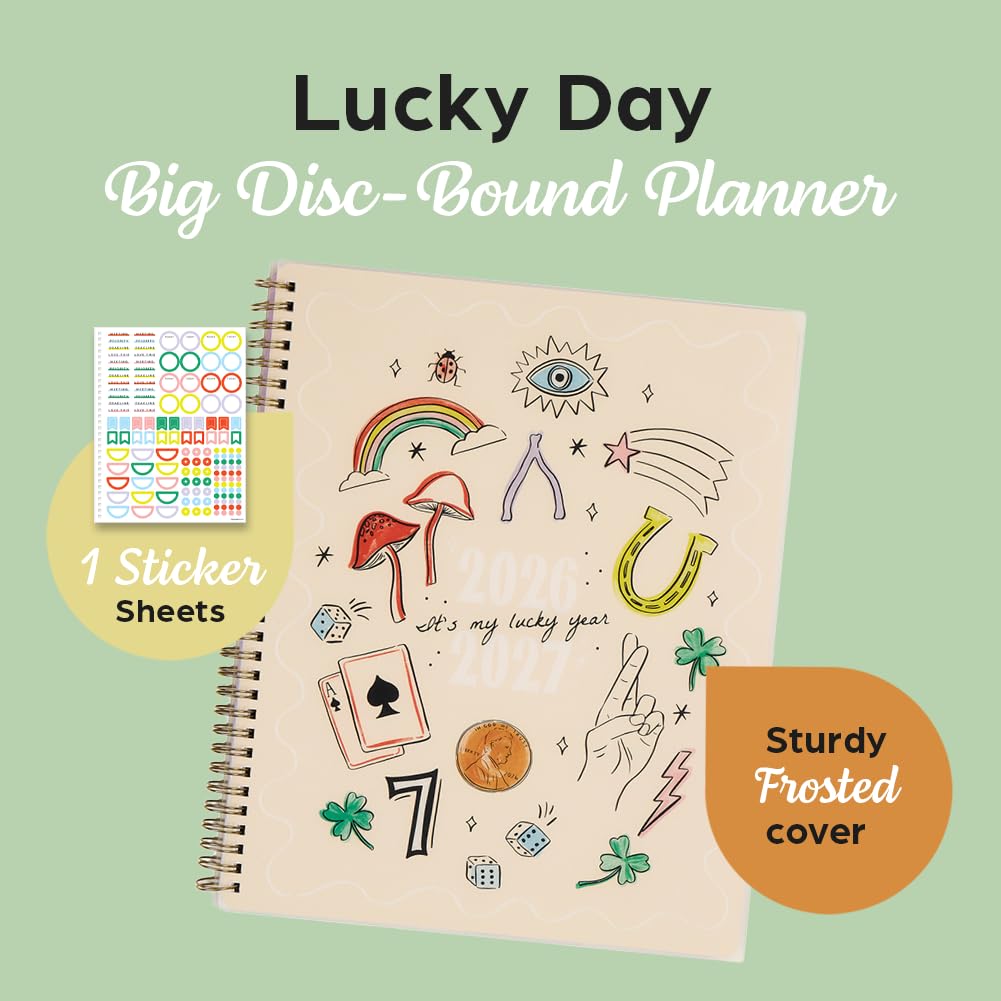 Organizzato da Happy Planner Twin-Loop 12 Mesi, Big Size | Datato luglio 2026-giugno 2027, include 3 mesi extra e 1 foglio di adesivi, 21,6 x 27,9 cm, layout accademico, tema Lucky Day