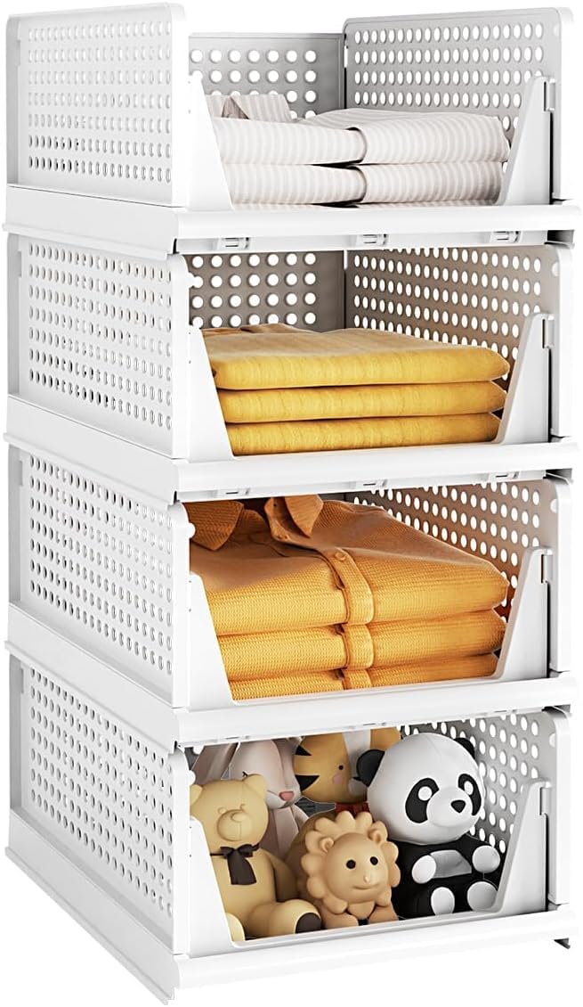 JD FRESH 4 Pieces Polypropylene Stackable Closet Organizer/Foldable & Stackable Basket/Wardrobe Clothing Organizer for Storage/ Cupboard Organizer for Clothes (White)