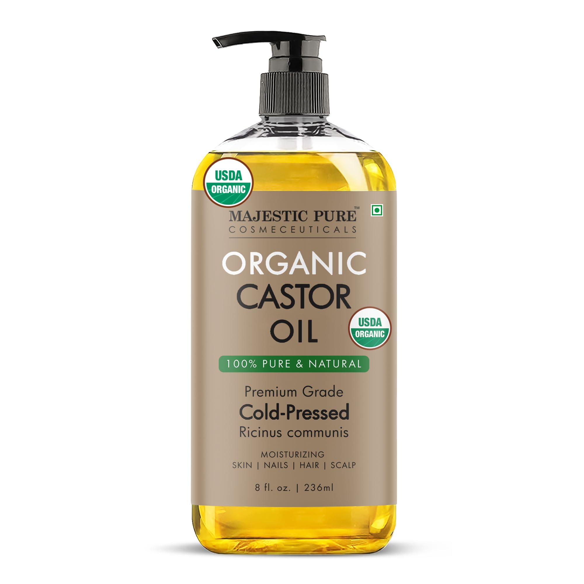 Majestic Pure USDA Organic Castor Oil 8 Fl Oz - 100% Pure and Natural- Cold Pressed & Hexane Free Natural Hair Growth Oil for Eyelashes, Eyebrows, Skin, Body, Face, Nails & Scalp