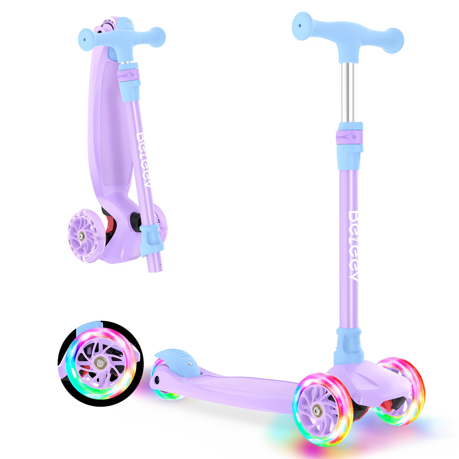 BELEEV A3 Scooter 3 Wheels LED Lights Wheels, Scooter 4 Height Adjustable, Non-Slip and Extra Wide Deck, Lightweight Scooter with Sturdy Frame Scooter for Boys Girls 3-12 Years