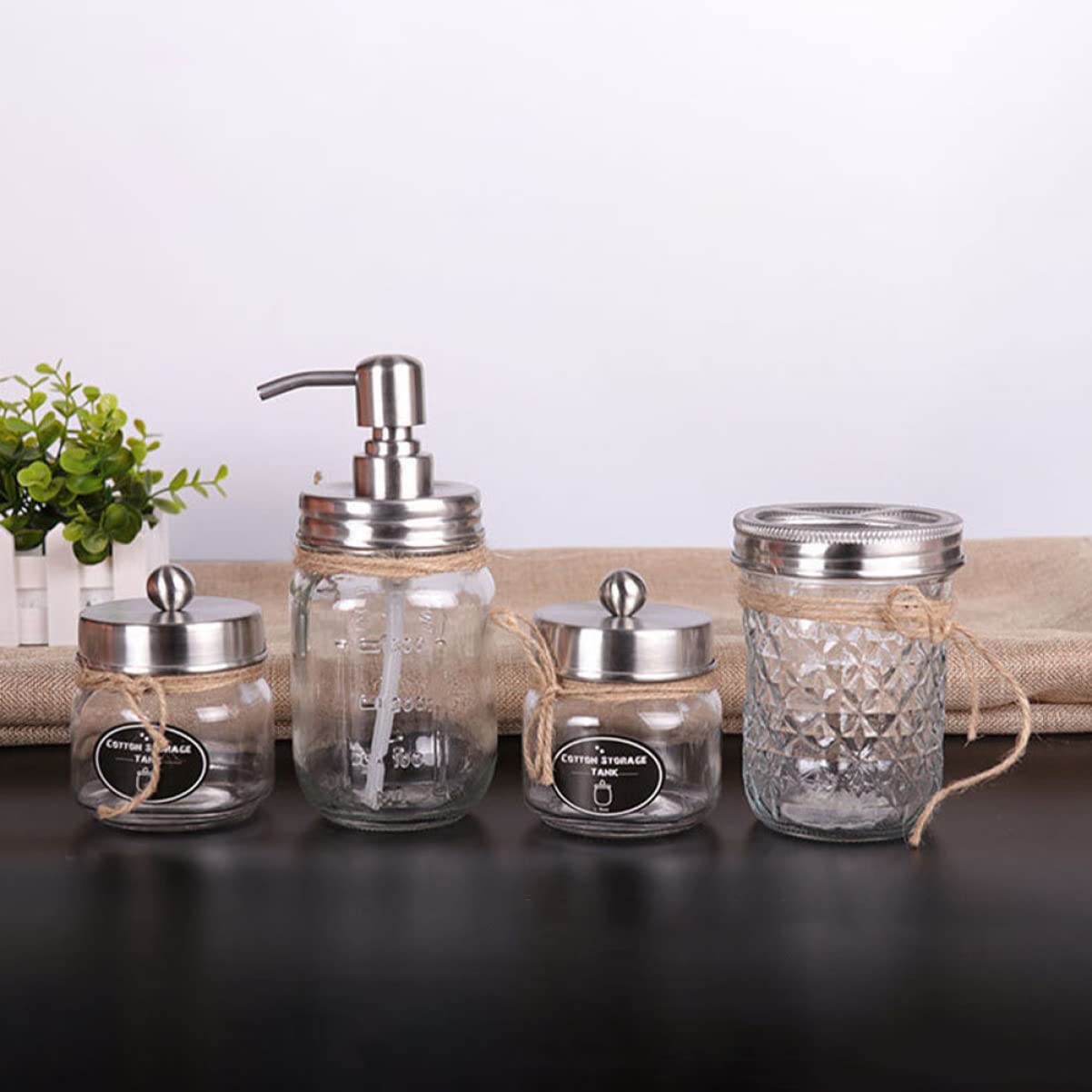 PRETYZOOM Juego de Accesorios de Baño Vidrio Transparente 4 Piezas Vaso para Cepillo de Dientes Botella Dispensadora Tapa Plateada Práctico para Hogar, Hotel y Dormitorio