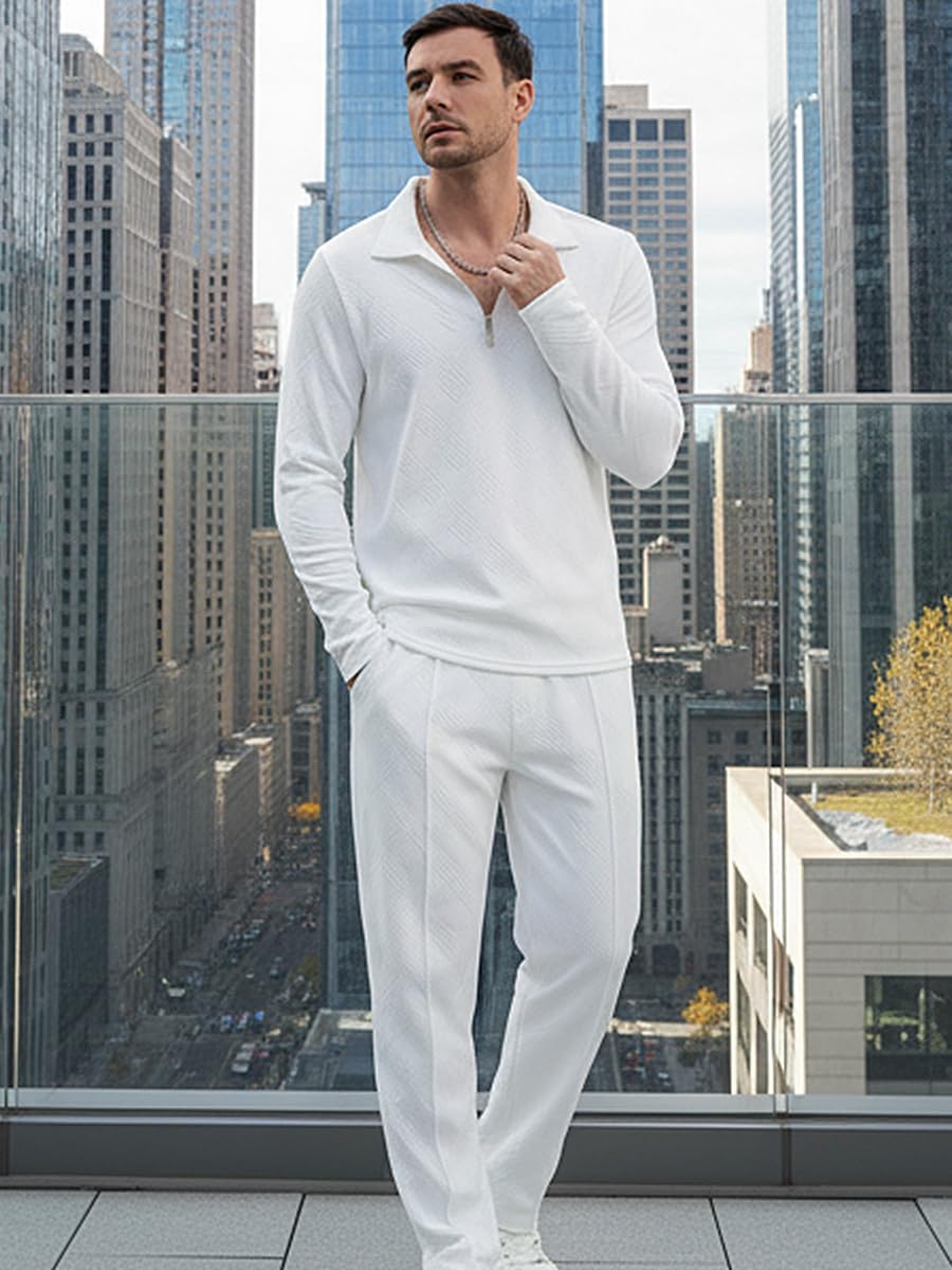Men's Modern 2-Piece Tracksuit Set,Long Sleeve Polo Shirt & Jogger Pants, Casual Loungewear Sweatsuit Men