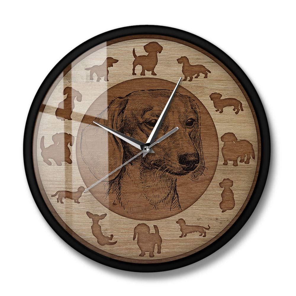 Yuandd Metal Frame Dachshund Dog Art Wood Texture Acrylic Printed Wall Clock Silent Non-Ticking Wall Watch Sausage Puppy Home Decor Weiner Dog Gift(Metal Frame)