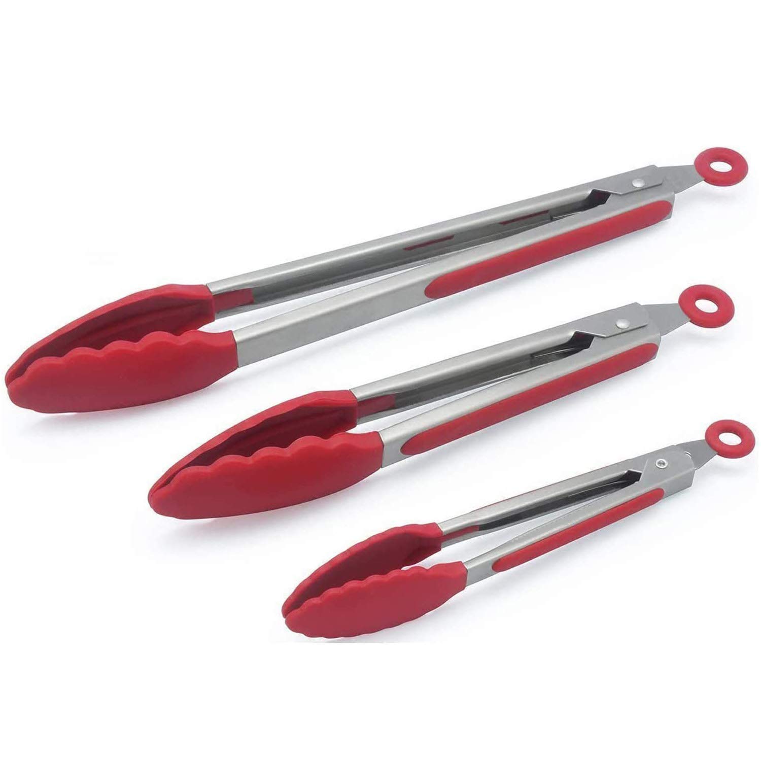 MEKBOK Tongs Set of 3 (12, 9, 7 Inch) - Kitchen Tongs With Silicon Heads - Heavy Duty Stainless Steel Food Tongs - None Stick, Heat Resistant - Cooking Tongs, Serving Tongs, Salad, Frying, BBQ Tongs