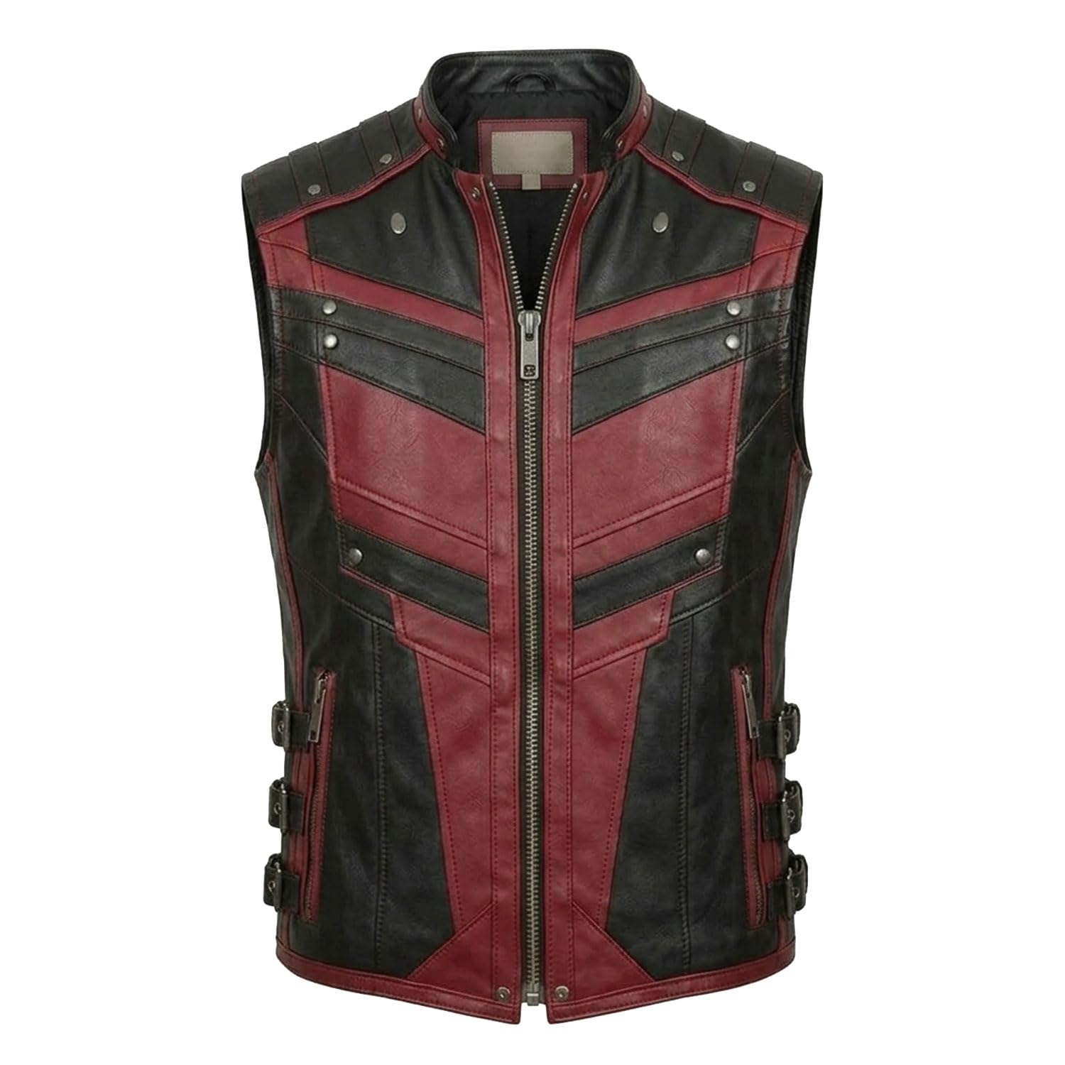 Creonetix Hub Black Leather Goth Matrix Vest Steampunk Gothic Van Helsing Costume Vest for Men (burgundy-black-Large)