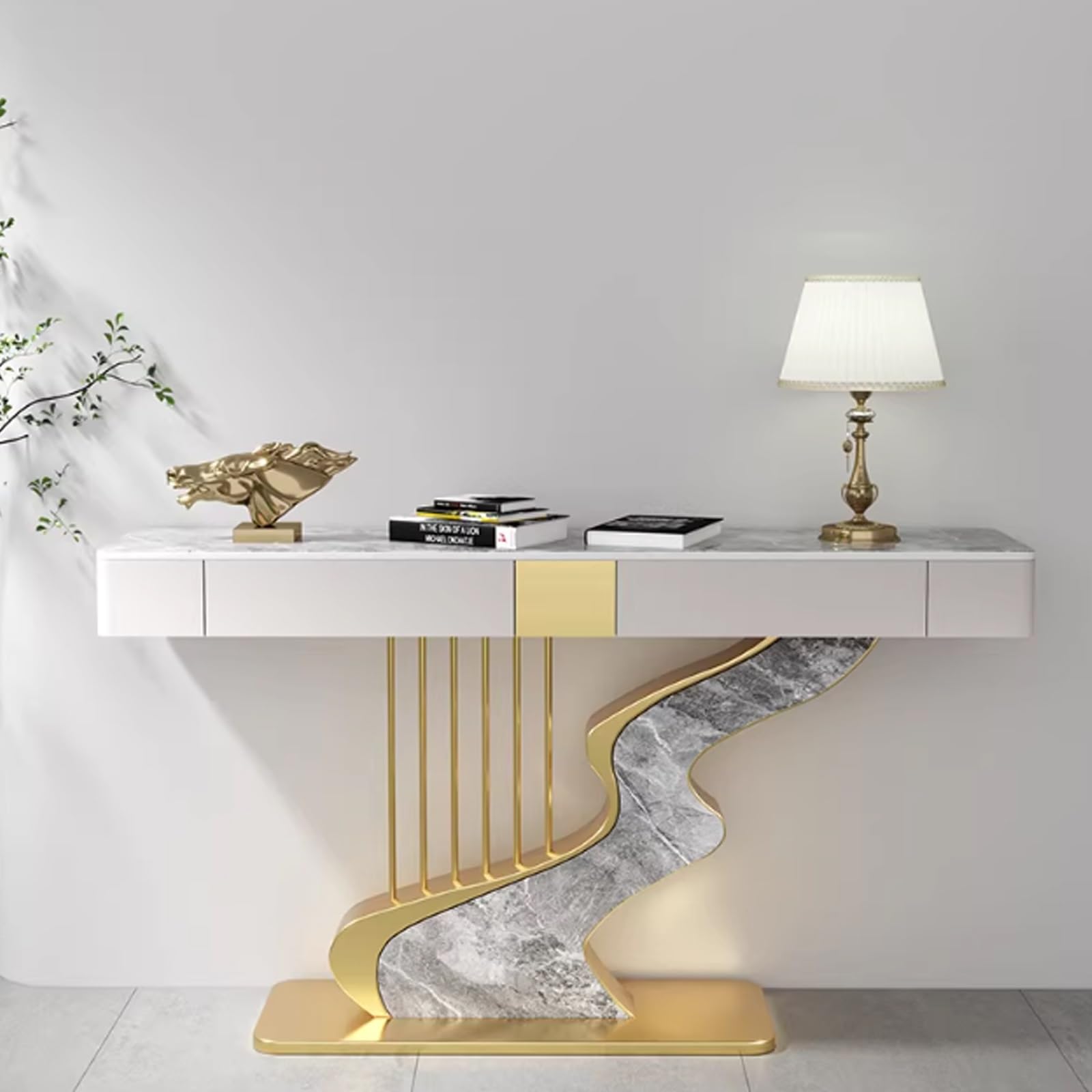 Mesa consola contemporánea de media luna con tablero de pizarra negro, mesa consola estrecha con tablero de piedra decorativa alargada, con dos cajones de almacenamiento y base de acero al carbono d
