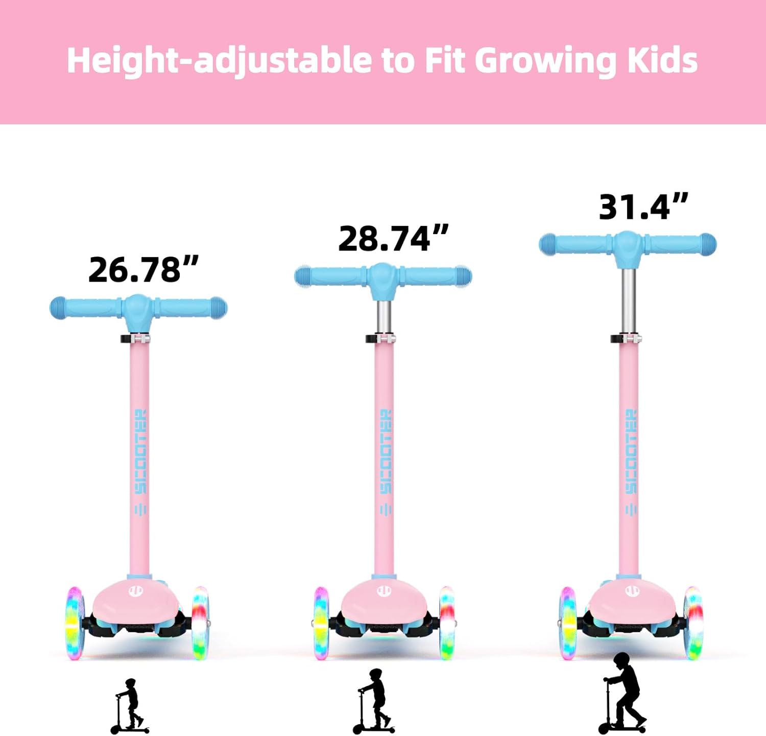 XJD Toddler Scooters for Kids 3-8, 3 Wheel Scooters for Kids 110lbs, LED Light-Up Wheels and Side, 3 Adjustable Height, Lean-to-Steer, Birthday Gift Toy for 3-8 Year Old Girl Boy