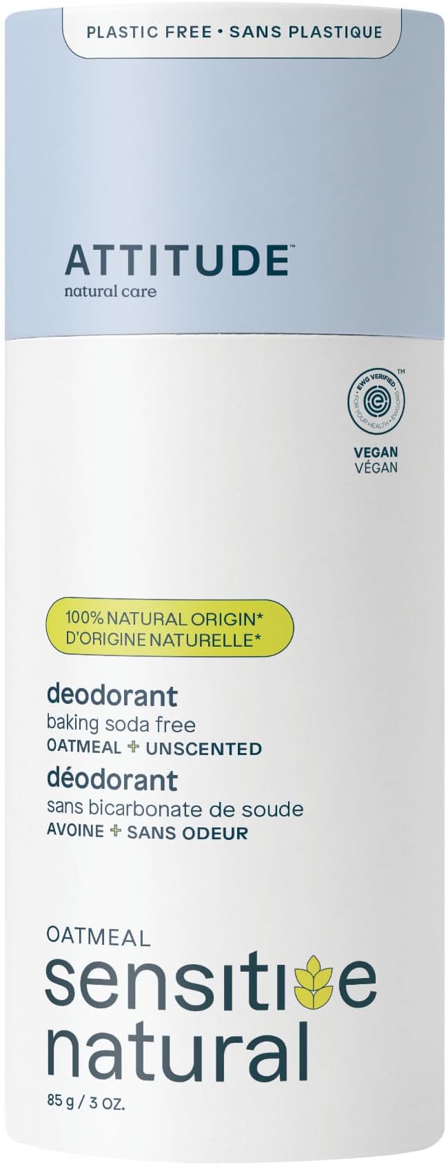 ATTITUDE Natural Baking Soda Free Deodorant for Sensitive Skin, Plastic-Free Cardboard Tube, with Soothing Oatmeal, Unscented, 3 Oz