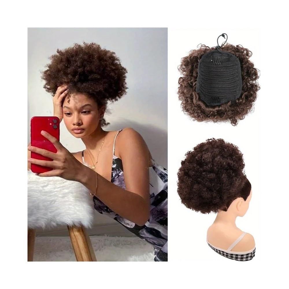sztuczne włosy kok 1 szt. Afro Puff Drawstring Ponytail Extension dla czarnoskórych kobiet Clip in Synthetic Afro Curly Bun Hair Pieces Akcesoria do włosów(10inch-4)