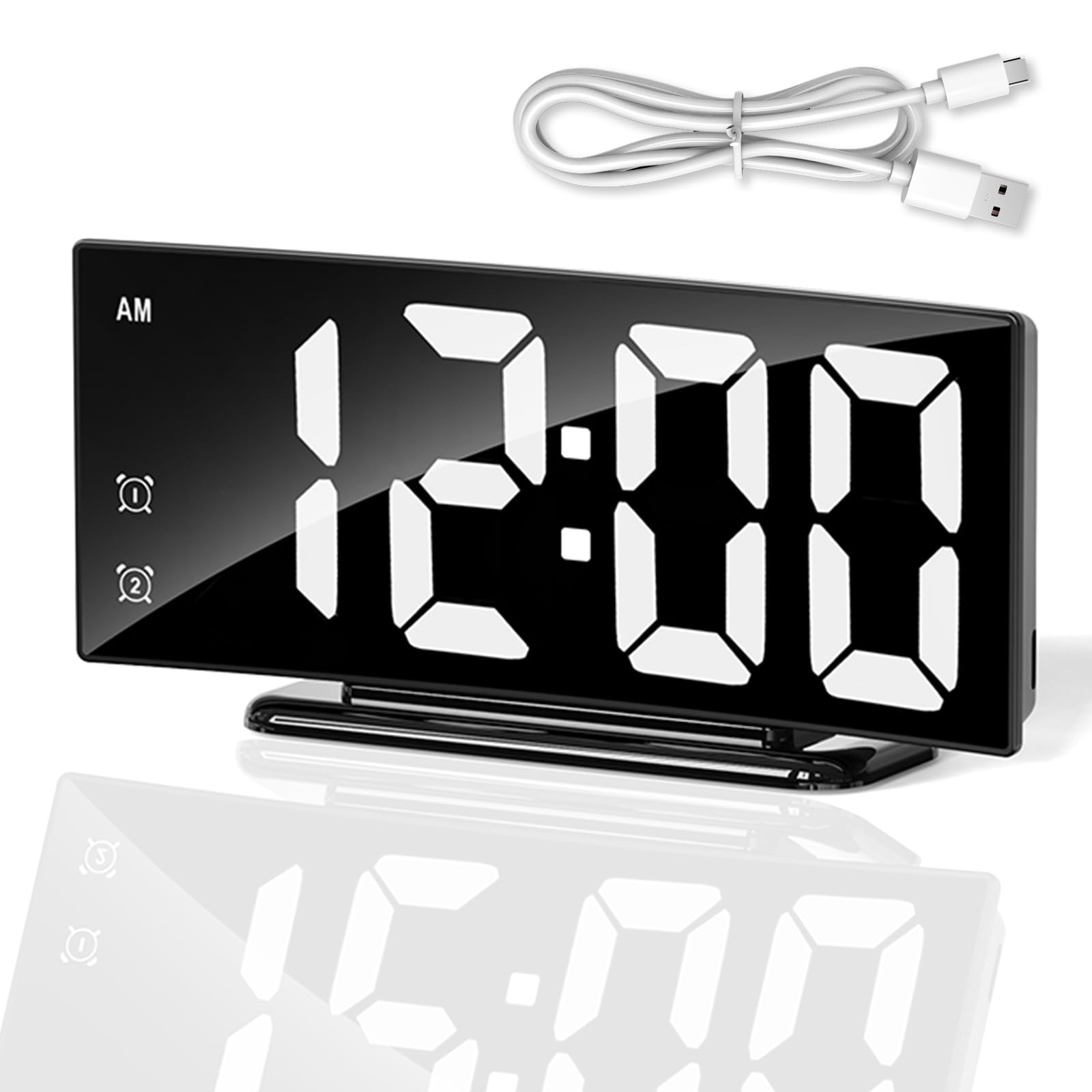 Digital Alarm Clock for Bedrooms Large Curved LED Display with Touch/Voice Wake-Up Dual Power (Battery/USB) Dual Alarm with Snooze Adjustable Brightness Temperature & Date Display 12/24H Silent