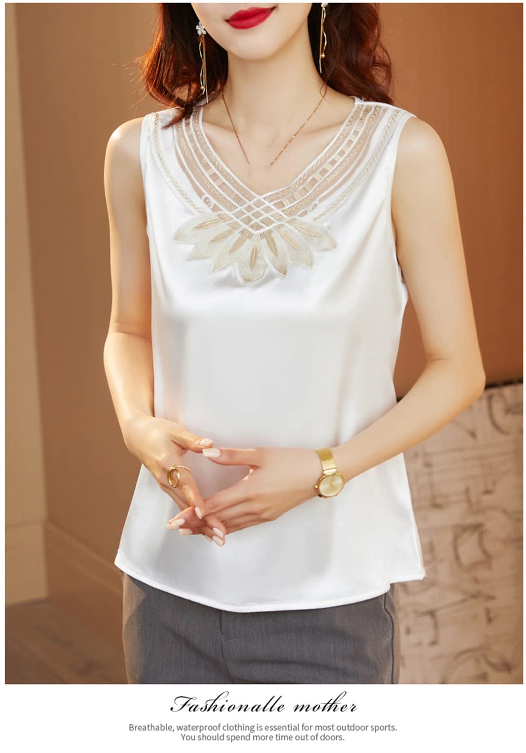 Camisetas sin Mangas con Cuello en V para Mujer, Blusas de satén holgadas Informales de Verano con Bordado Black Gold S