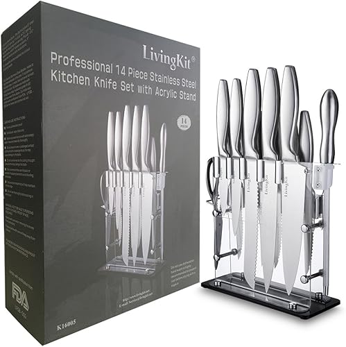 Miniatura 2 de Juego de cuchillos con hojas de acero inoxidable con bloque de madera de alta duración de LivingKit para cocinar en casa para escuelas de hostelería