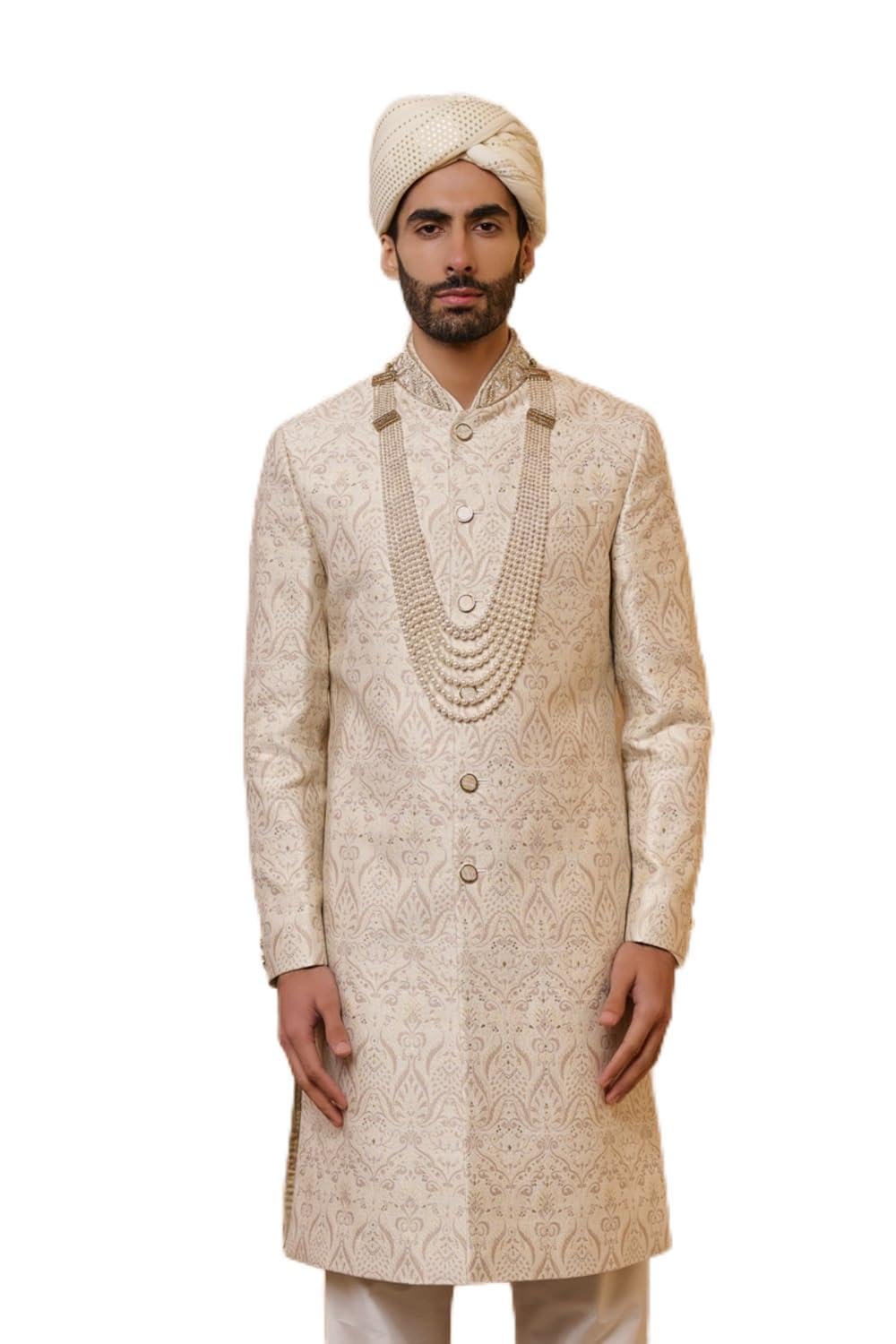 Ivory Brocade Sherwani For Men-image-0