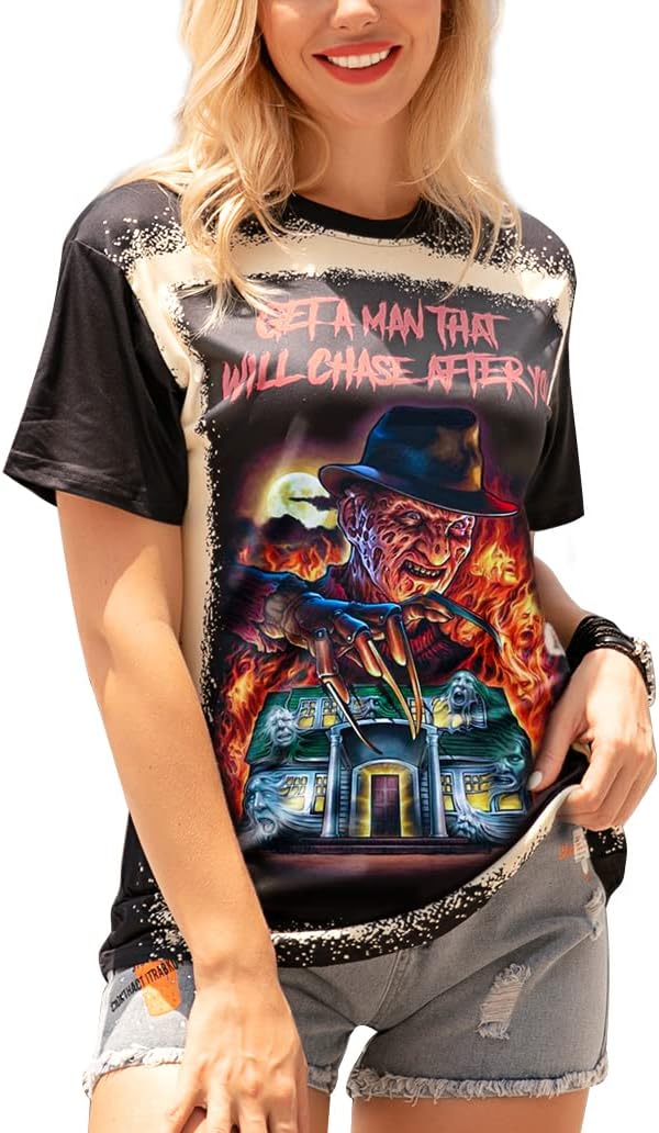 Halloween Shirt for Women Horror Scary Movies Squad Bleached Novelty Funny Fan Gift Graphic Short Sleeve Tee Tops