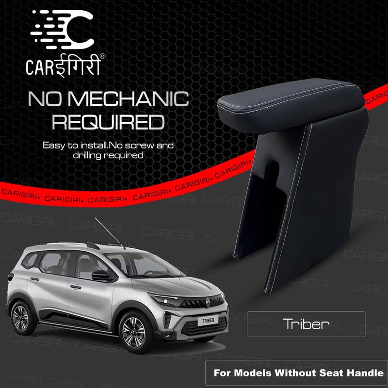 Image of Carigiri Premium Finish Car Armrest with Storage Box And High Density Moulded Foam For Renault Triber (All Models,Nappa Leatherette)(Models- 2025) (Without One-Touch Lock, White Seam)