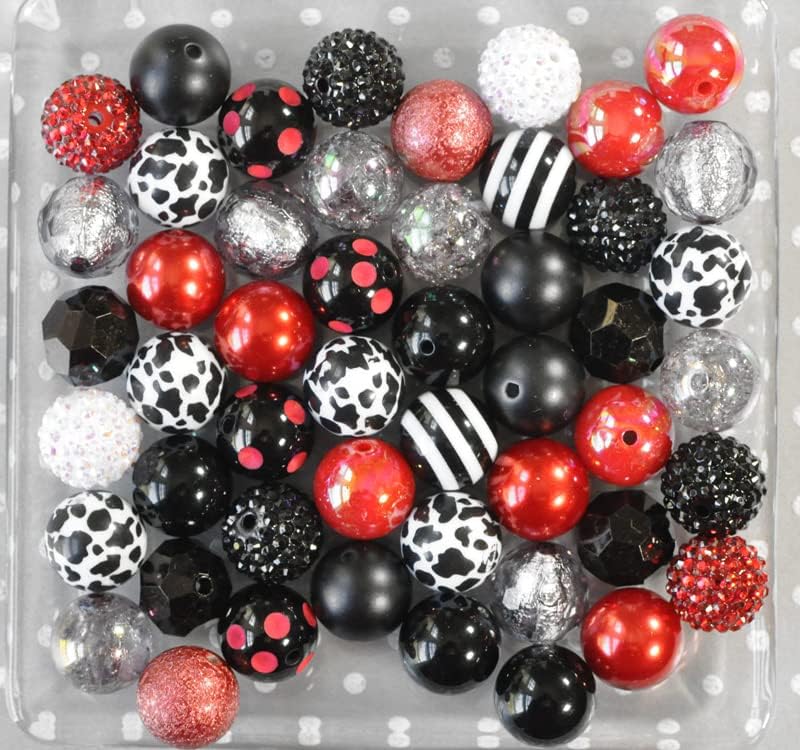 20mm Dalmatian Villain Bubblegum Bead Mix Red Black White Chunky Plastic Beads in Bulk
