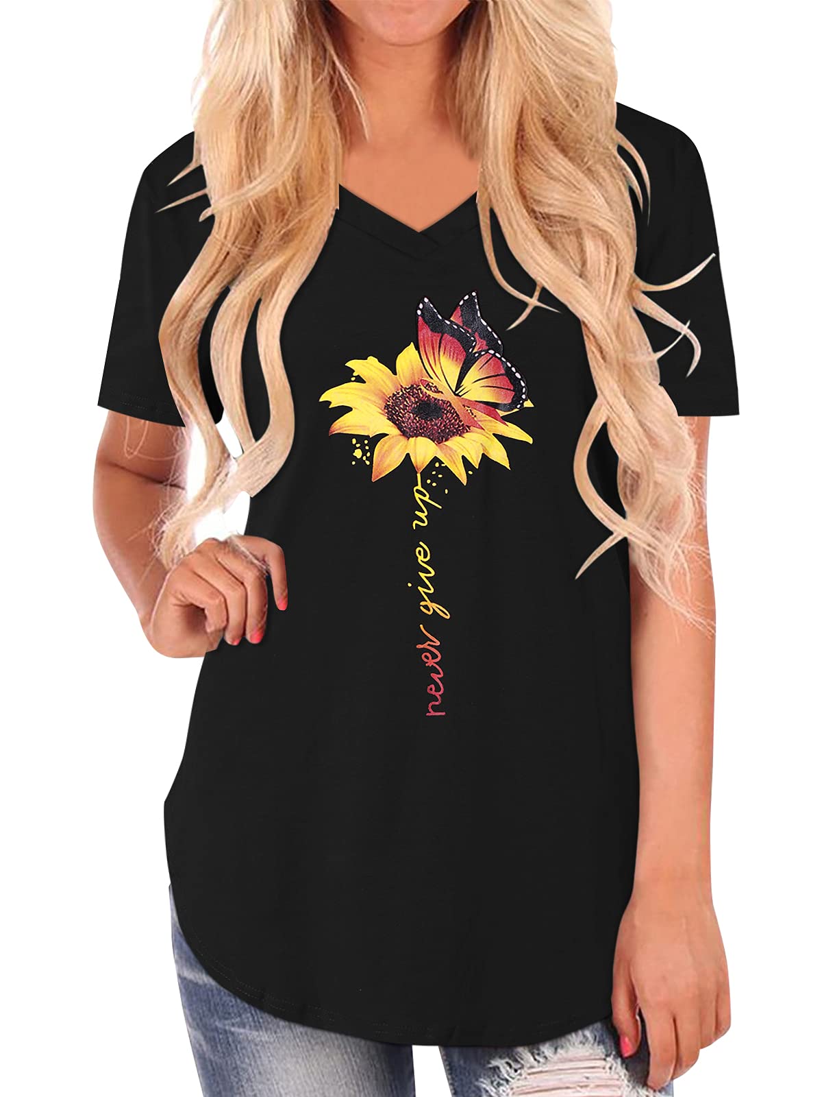 Style Dome Women T-Shirts Graphic Summer Tops Y2K Short Sleeve V-Neck Tee Shirt Casual Basic Tops