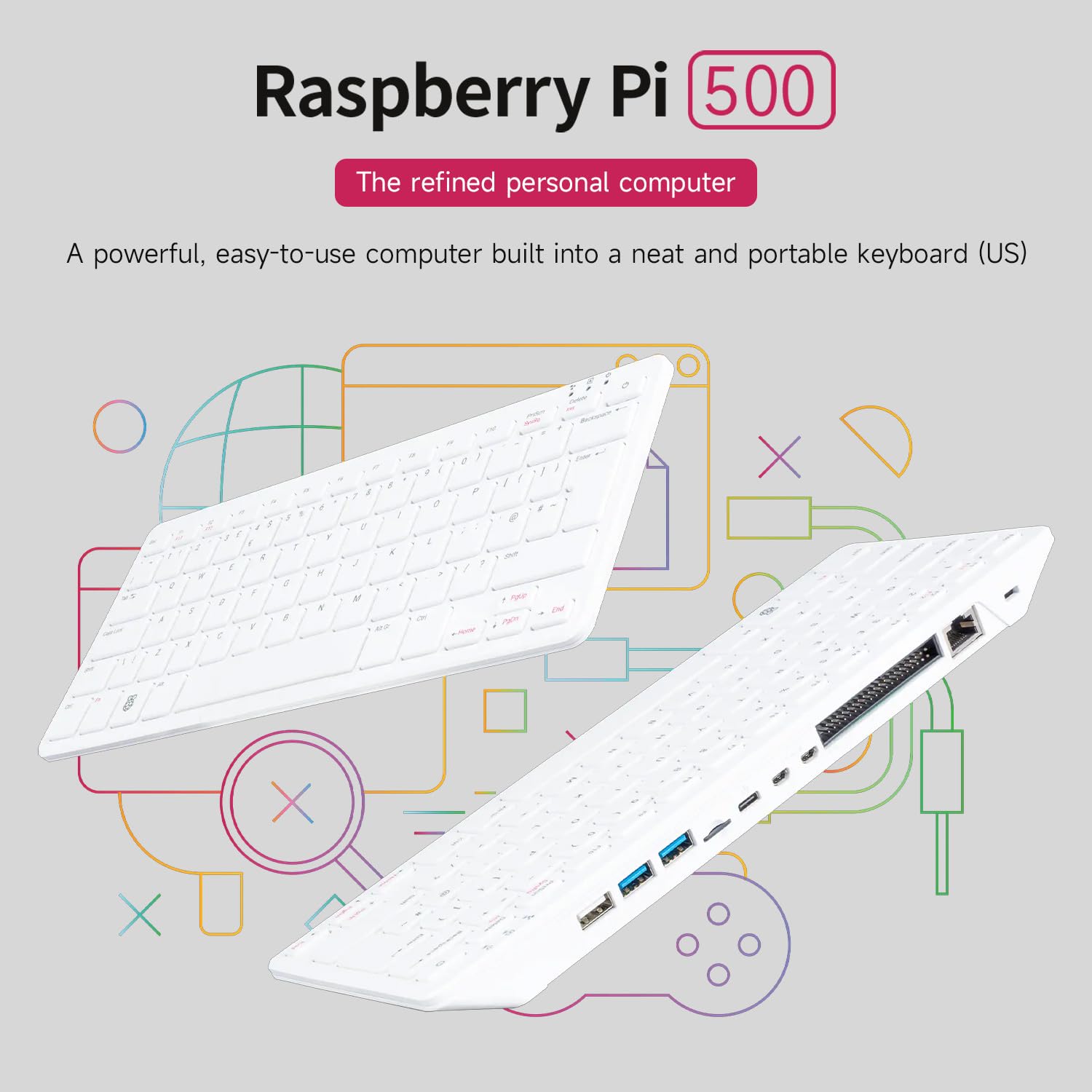 Waveshare Pi 500 Basic Kit, a Pi Designed Into a Keyboard, Support WiFi/BT, Dual-4K Outputs, with Raspberry Pi 500, GPIO Adapter Board, HDMI to Micro HDMI Cable, 27W Type-C Power Supply, etc