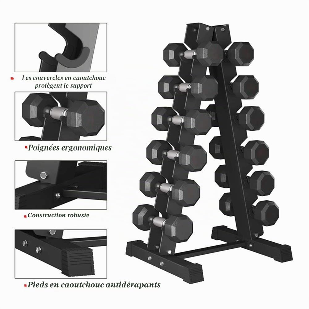 Support d'haltères courts, en acier résistant, capacité de charge de 200 kg, 6 niveaux, noir