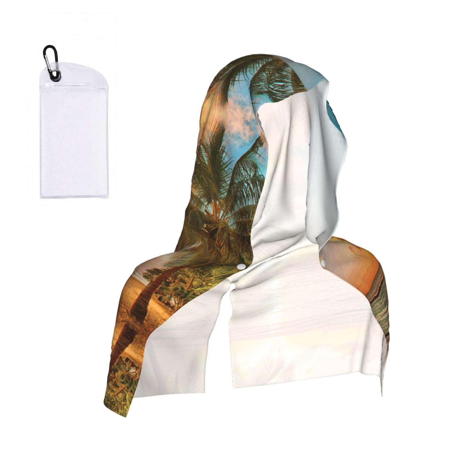 SATUSA Tropical Beach Palm Tree Sunset Print Cooling Hoodie Towel, Cooling Towels For Neck And Face, Quick Drying Absorbent Cooling Head Towel Beach Camping Gym Construction(2pcs)