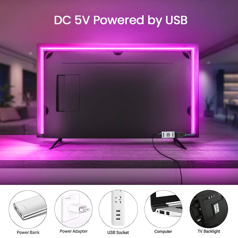 5V RGB Ruban LED COB, 576 Leds/m Dimmable Bande LED avec Contrôle vocal USB Bluetooth App 44 Keys Contrôleur Non Etanche IP21 bande lumineuse pour chambre, bar, TV, cuisine, fête.