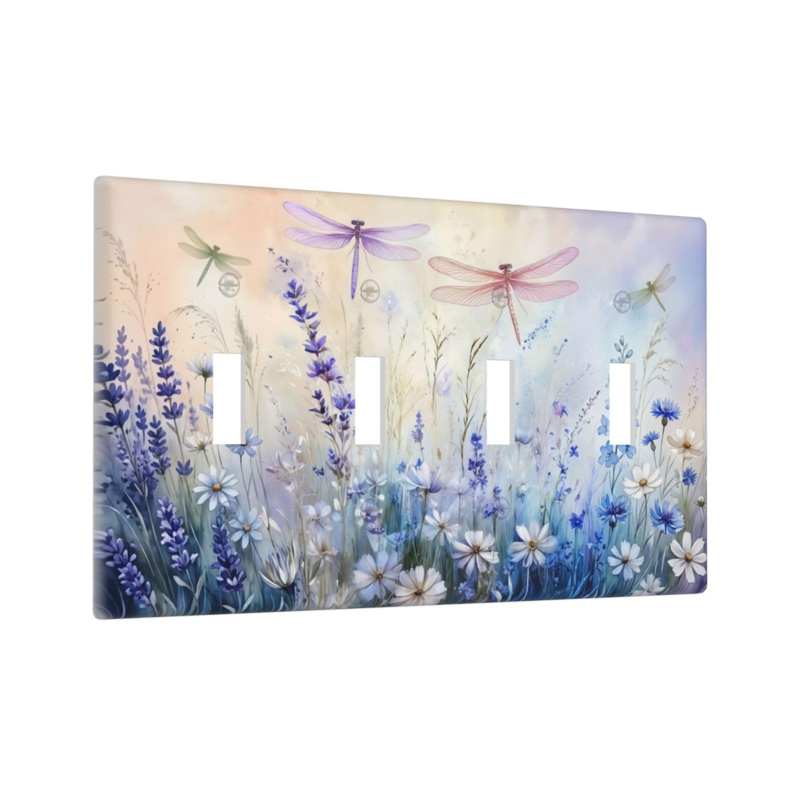 Sghxwp Watercolor Dragonfly Wildflower Quad Toggle Light Switch Covers Decorative Pastel Lavender Blue Floral 4-Gang Wall Plate Electrical Switch Plate Cover Faceplate for Country Bedroom Home Decor