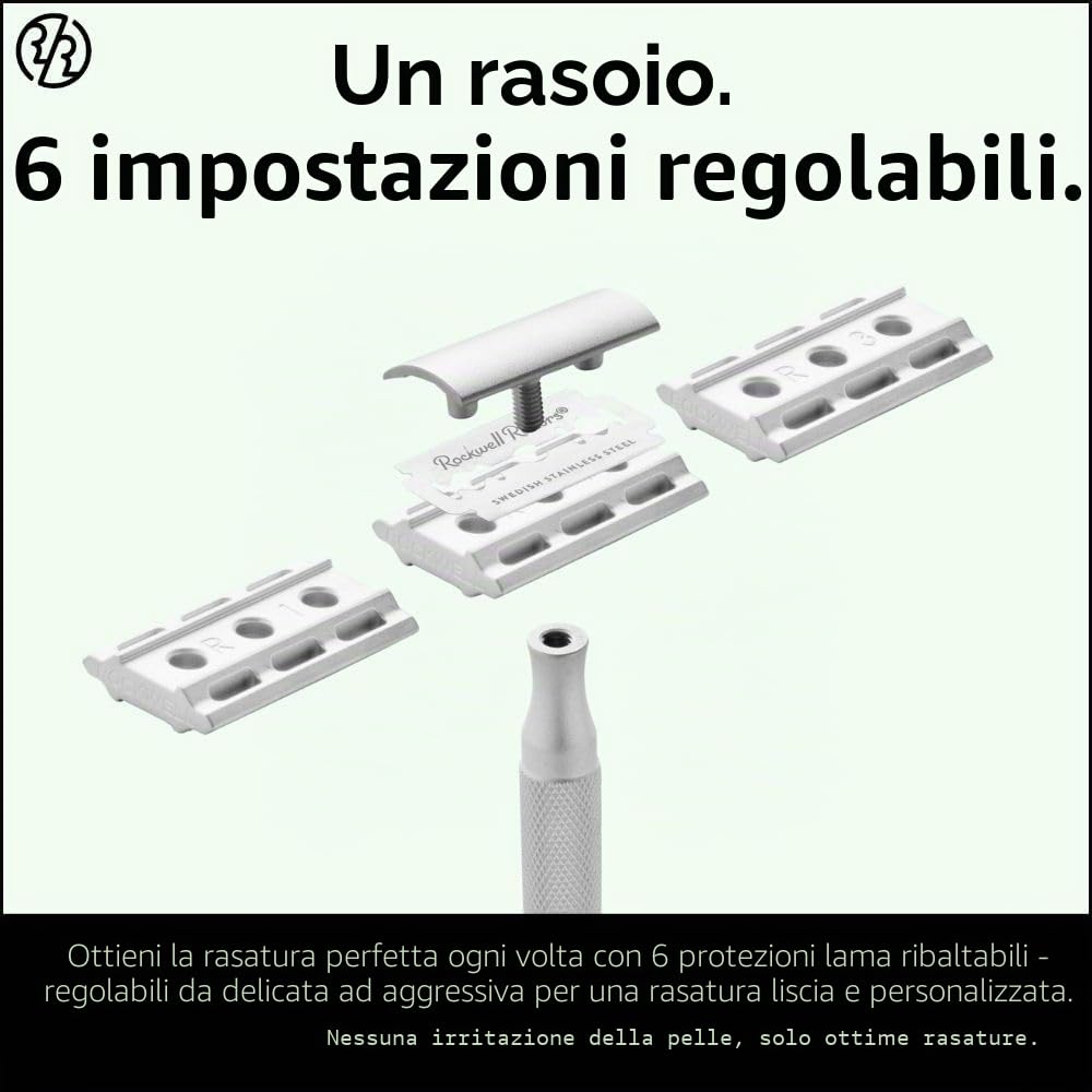 Rockwell Razors Rasoio di sicurezza regolabile a doppio bordo in acciaio inox 6S + 5 lame svedesi in acciaio inox