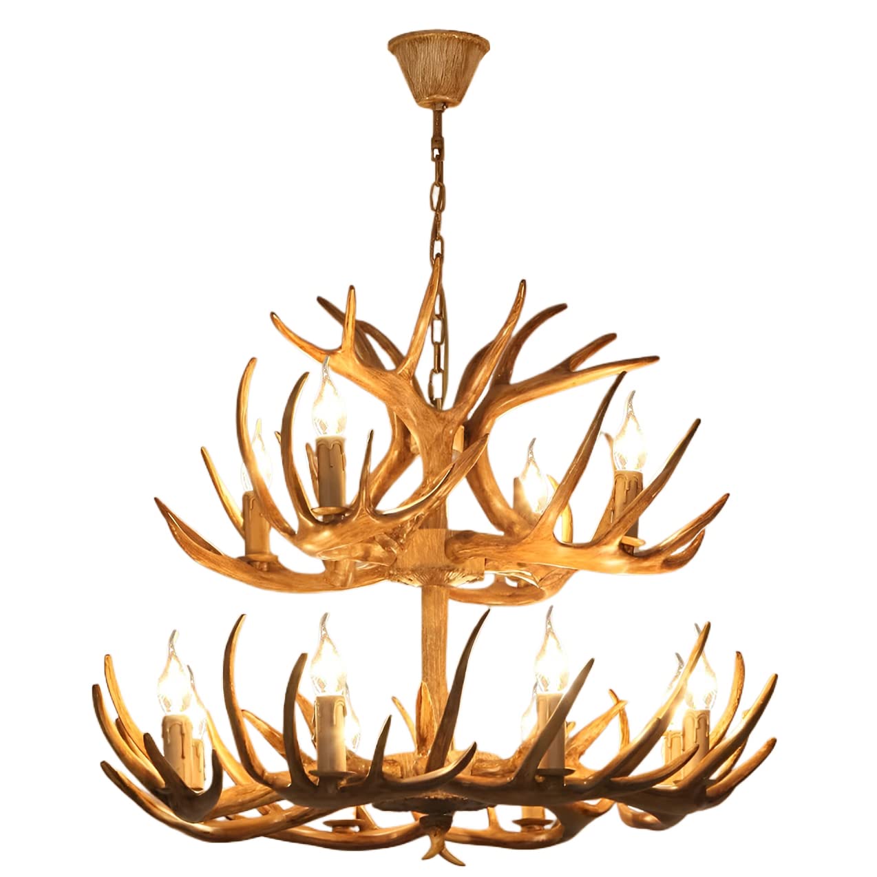 FYZDLAOR Rustic Deer Antler Chandelier Double Layer 12-Light Farmhouse Deer Horn Pendant Lights Faux Antler Resin Hanging Chandelier for Living Dining Room Foyer Pool Table Ceiling Lighting Fixture