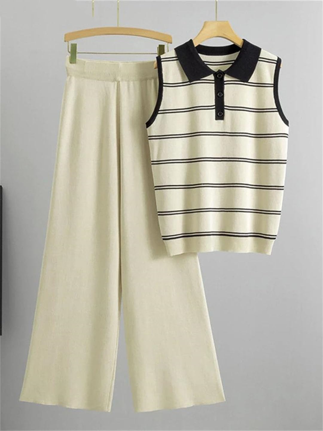 Top a righe da donna in maglia con colletto a polo senza maniche set da 2 pezzi maglieria maglione tee abiti a vita alta gamba larga pantaloni