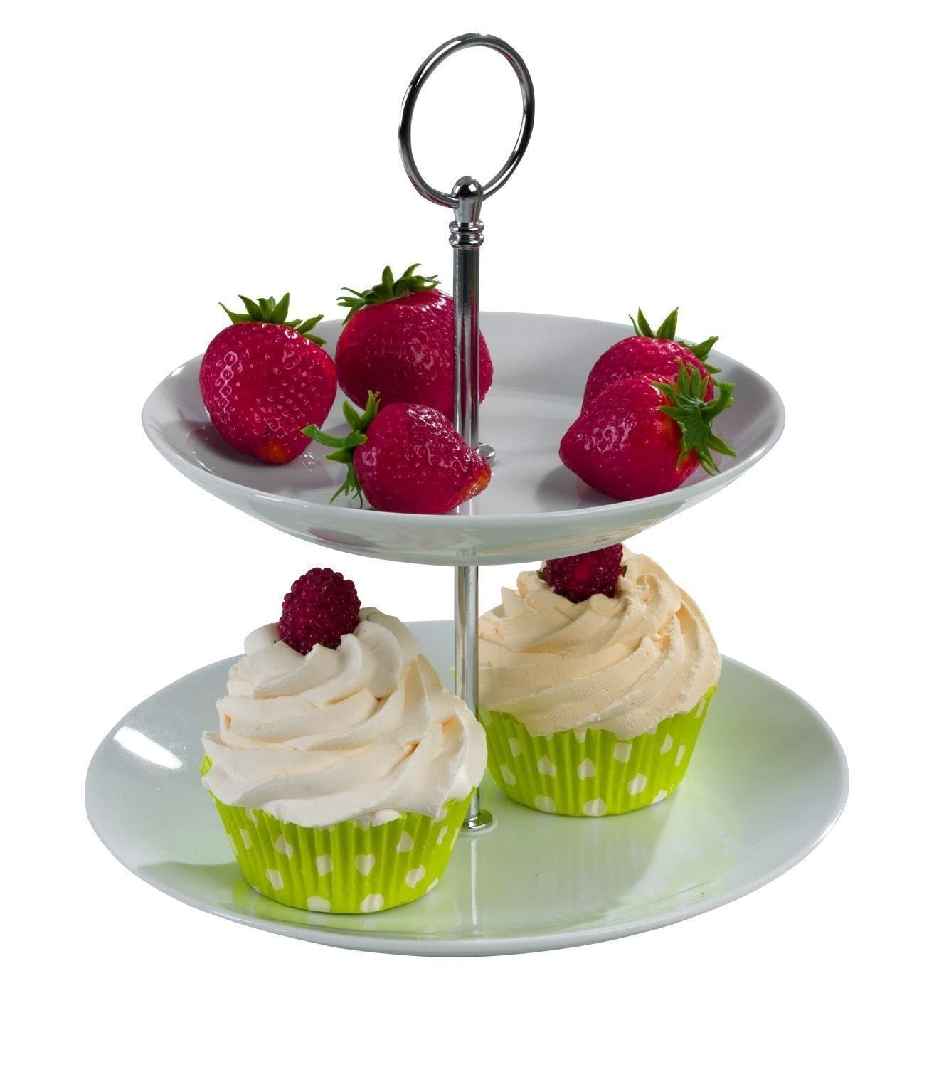 Etagere mit 2 Etagen und Tragegriff - Weiß - Porzellan - Metall - Ø 21 x H 23 cm - Servierplatte Servierständer Servierset