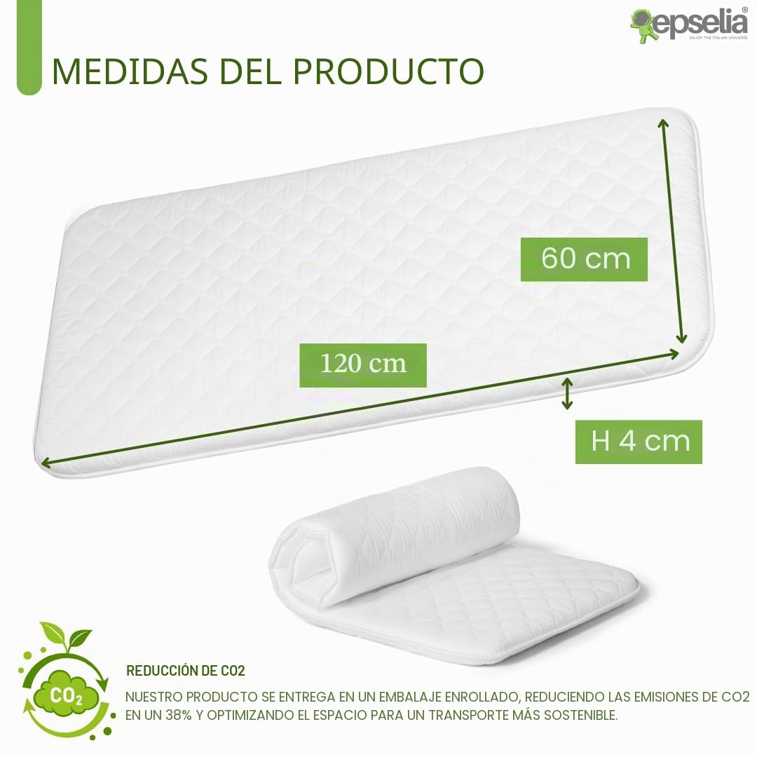 EPSELIA - Colchón de cuna para niños, enrollable, con borde, para viaje o camping, 60 x 120 x 4 cm, certificado antiasfixia EN16890:2017, poliuretano CertiPUR™ OEKO-TEX®