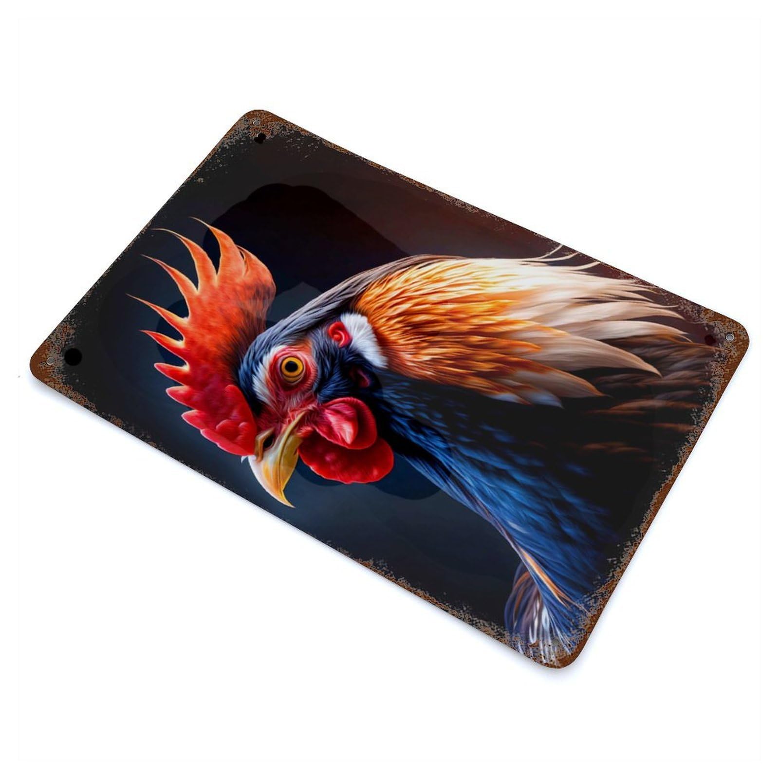 Rooster Aged Metal Wall Plaque 11.8"x7.9", Industrial Home Decor for Pub, Kitchen And Man Cave Decor