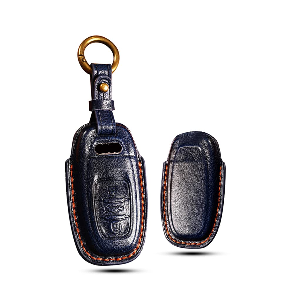 HIBEYO Car Key Case Fits Audi Leather Key Case Protective Cover for Audi A4 A5 A6 A7 A8 Q5 Q8 R8 S4 S5 S6 S7 RS4 RS5 RS6 RS7 3-Button Remote Key Chain Accessories Blue
