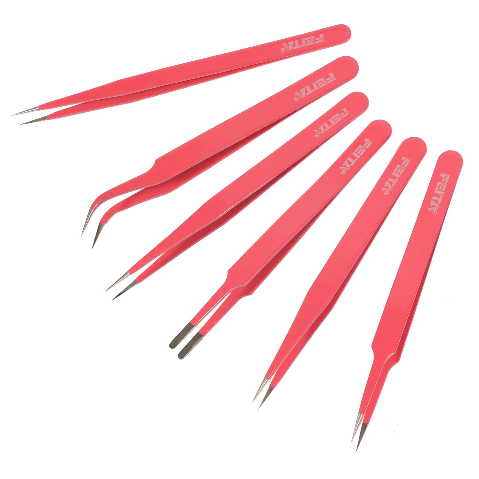 FEITA Pink Precision Craft Tweezers Set, Upgraded Stainless Steel Pointy, Curved, Falt Twizers for Crafting, Bead, Sticker, Jewelry-Making, Hobby Tools