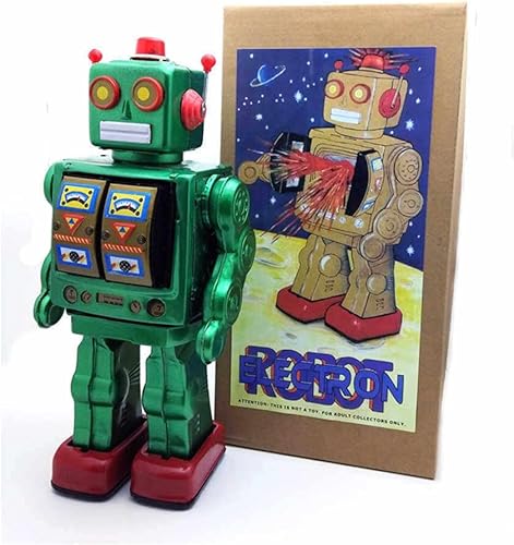 Miniatura 8 de Charmgle Juguetes de lata retro robot para caminar, robot de escritorio eléctrico giratorio con sonido de pistola de fuego, colección para adultos,