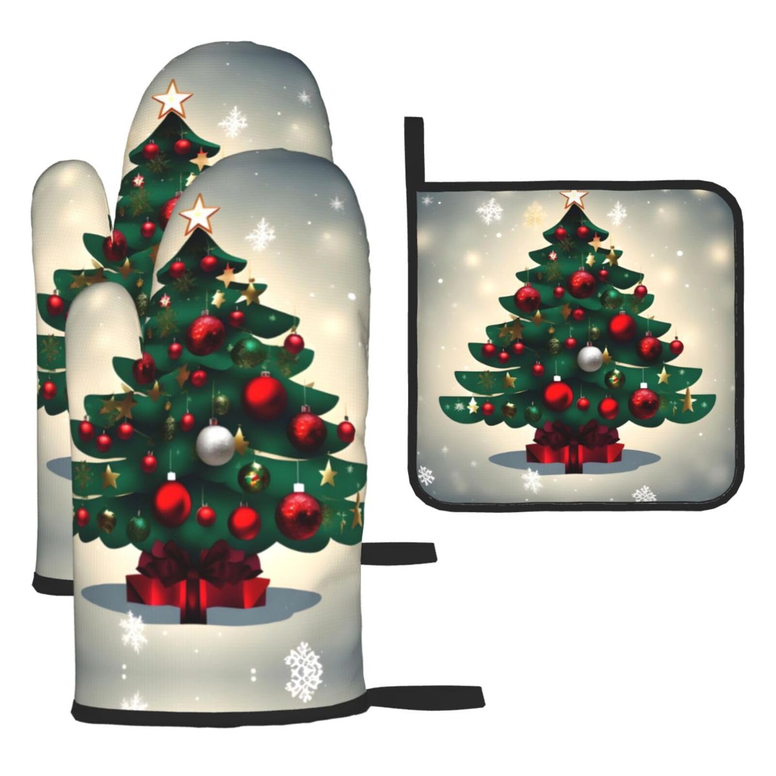 Tree Oven mittens and oven mitts three-piece set suitable for oven, grilling, baking, microwave and home cooking.