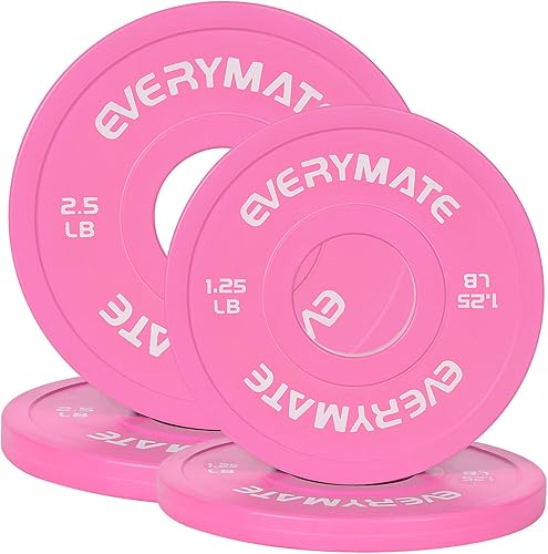 Miniatura 8 de EVERYMATE Placas de Peso Rosa 10LB 15LB 25LB 35LB 45LB Placas Olímpicas Bumper Placas de Peso con Agarre para Entrenamiento de Fuerza y Crossfit