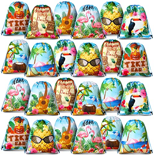 24 peças de bolsas havaianas para lembrancinhas de festa para crianças com tema havaiano Aloha, sacos tropicais de brindes, bolsa de presente de flamingo, para aniversário, chá de panela, verão, praia, piscina, mochila de 30 x 25 cm