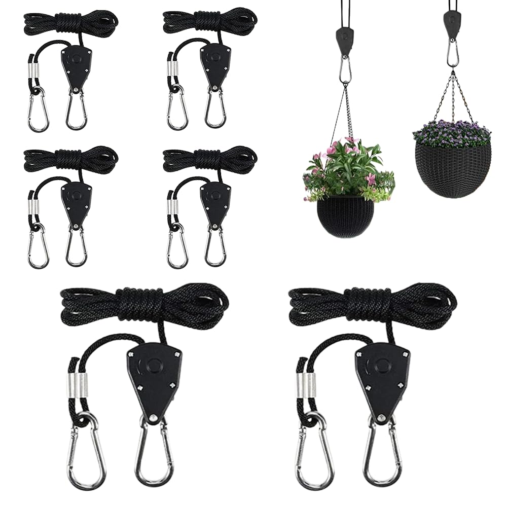 Crozgan 6 Pack Heavy Duty Ratchet Hangers,Adjustable Grow Light Ratchet Ropes Hangers,1/8 Inch Adjustable Grow Light Rope Hangers up to 75lbs/34kg per Pair for Grow Plant Fan Light